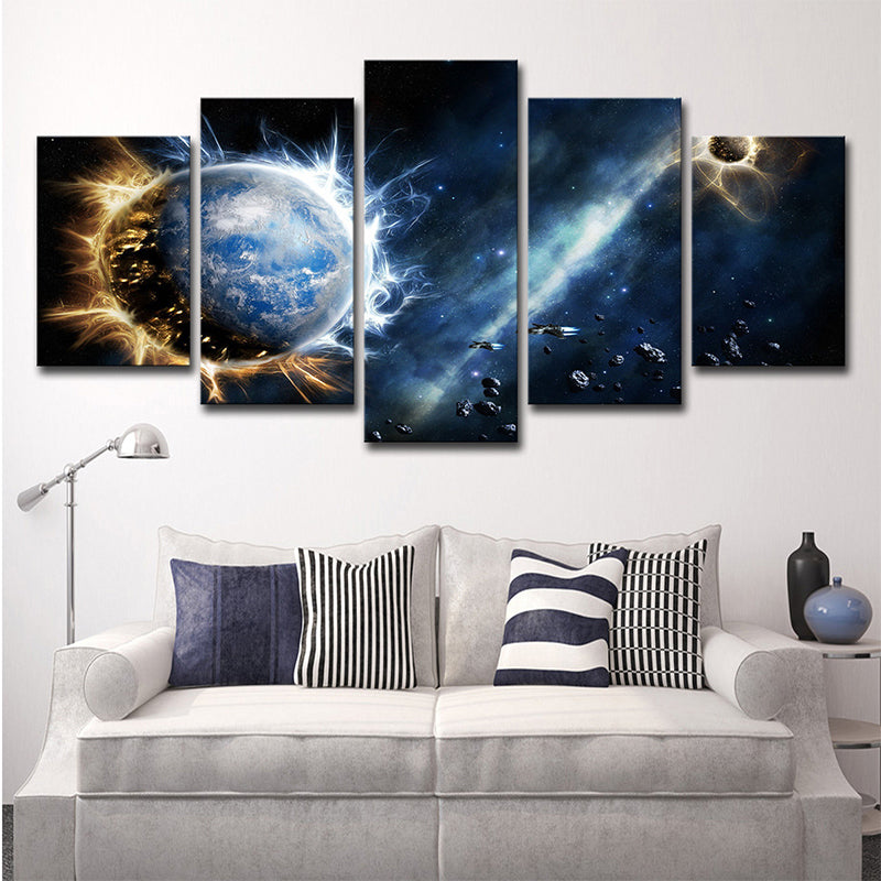 Dark Blue Sci-Fi Canvas Print Aerolite and Planet Wall Art for Childrens Bedroom