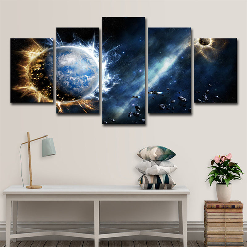 Dark Blue Sci-Fi Canvas Print Aerolite and Planet Wall Art for Childrens Bedroom