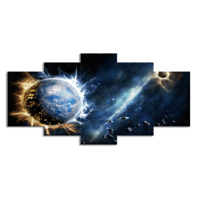 Dark Blue Sci-Fi Canvas Print Aerolite and Planet Wall Art for Childrens Bedroom