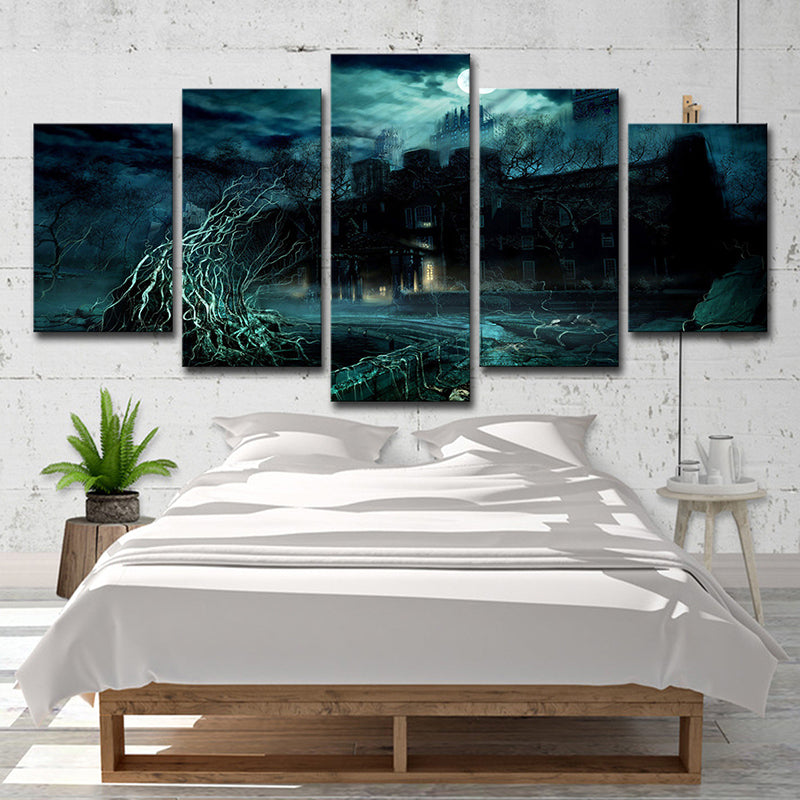 Stormy Night Castle Canvas Art Kids Dreary Fantasy Wall Decor in Green for Living Room