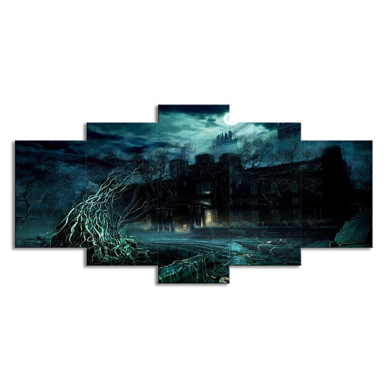 Stormy Night Castle Canvas Art Kids Dreary Fantasy Wall Decor in Green for Living Room