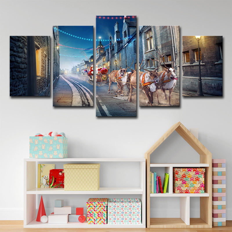 Kids Christmas Santa Canvas Print Blue Multi-Piece Wall Art for House Interior
