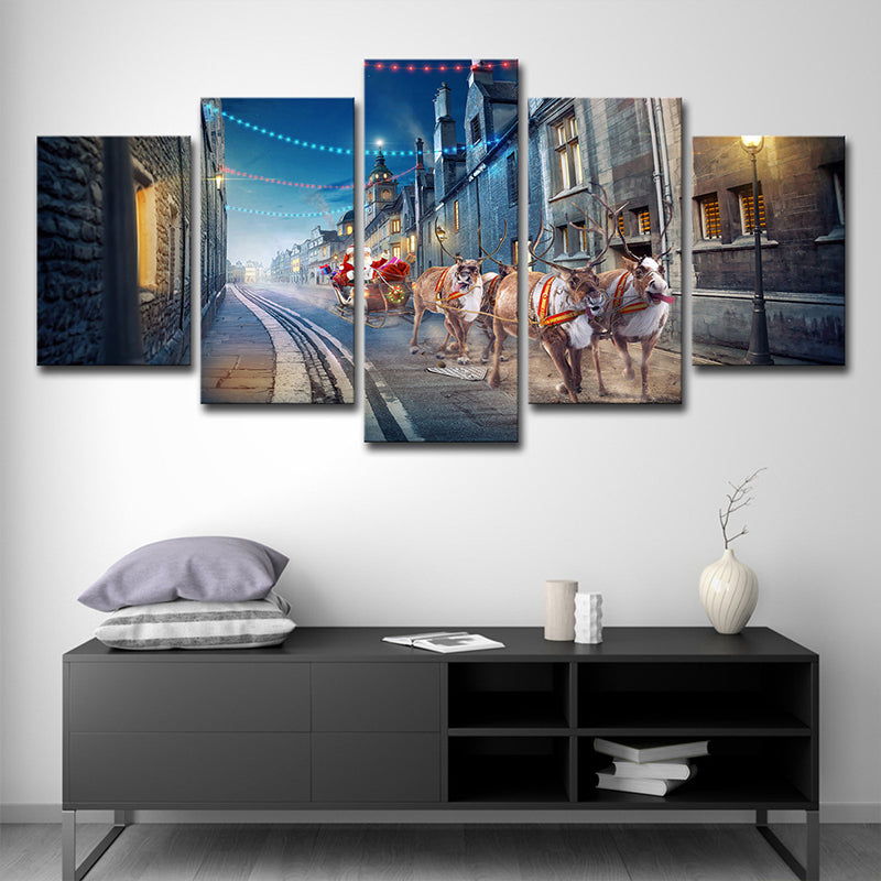 Kids Christmas Santa Canvas Print Blue Multi-Piece Wall Art for House Interior