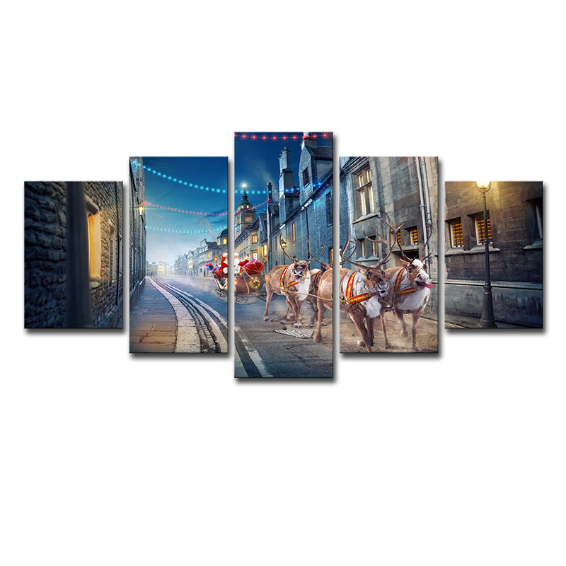 Kids Christmas Santa Canvas Print Blue Multi-Piece Wall Art for House Interior