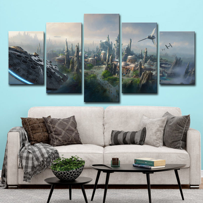 Blue Star War Scene Canvas Art Cityscape Futuristic Multi-Piece Wall Decor for Home