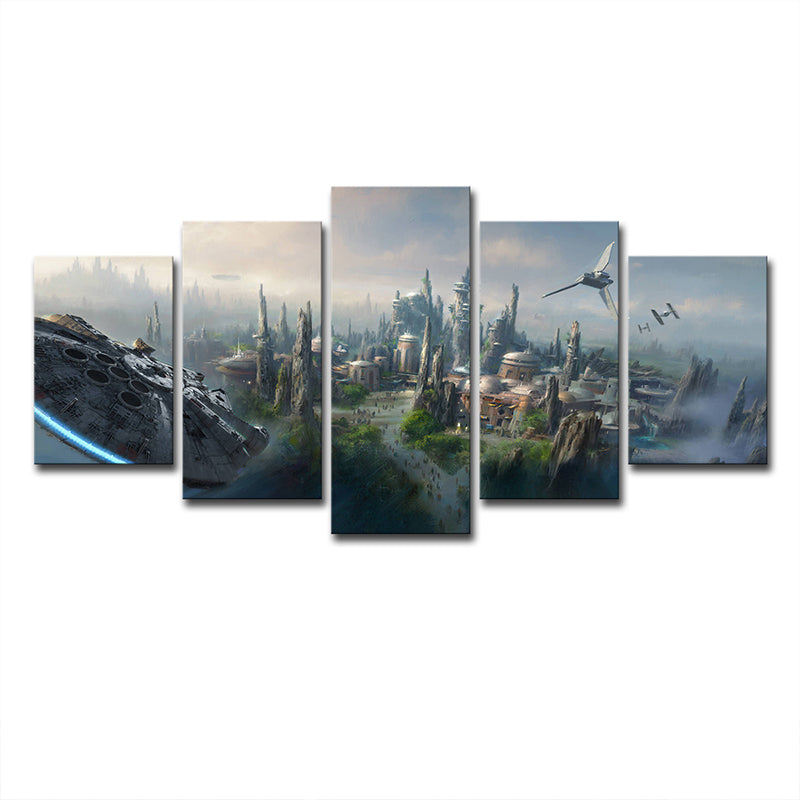 Blue Star War Scene Canvas Art Cityscape Futuristic Multi-Piece Wall Decor for Home