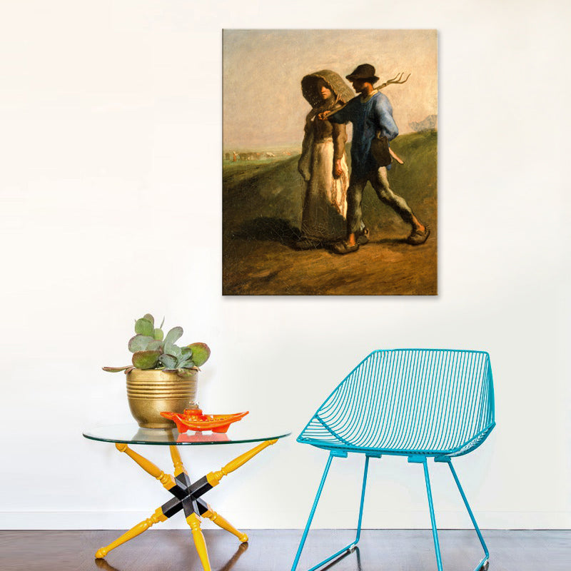 Brauner Vintage-Leinwand-Kunstdruck „Paar im Feld“ für Arbeitszimmer, verschiedene Größenoptionen