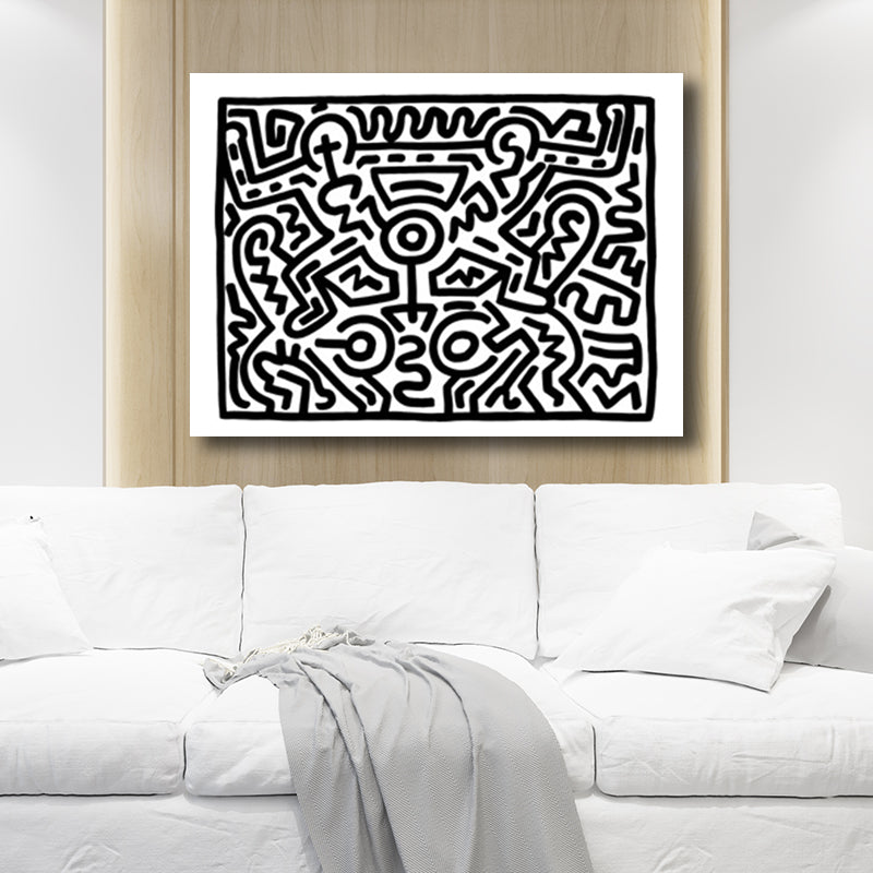 Funny Figure Drawing Wall Art for Living Room Abstract Canvas Print in Black-White