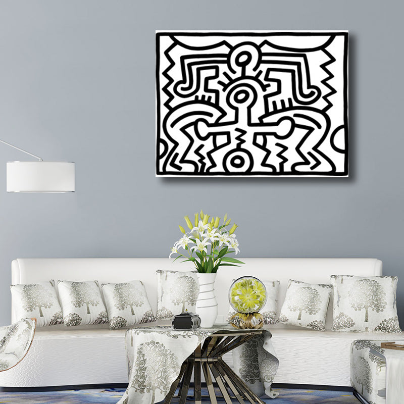 Funny Figure Drawing Wall Art for Living Room Abstract Canvas Print in Black-White
