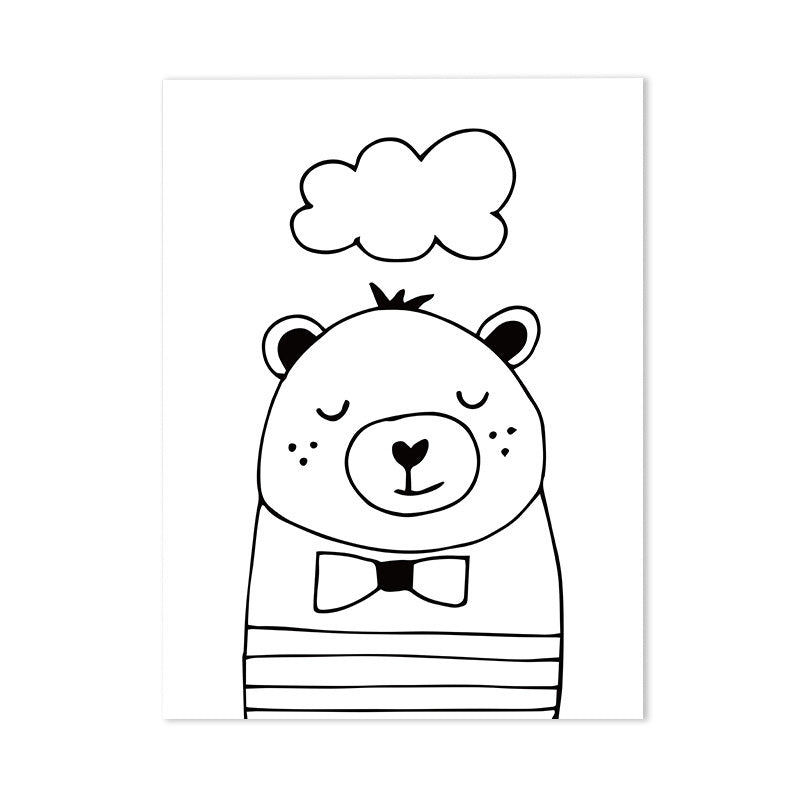 Cartoon Sweet Night Wall Art Black and White Animal Pattern Canvas for Bedroom