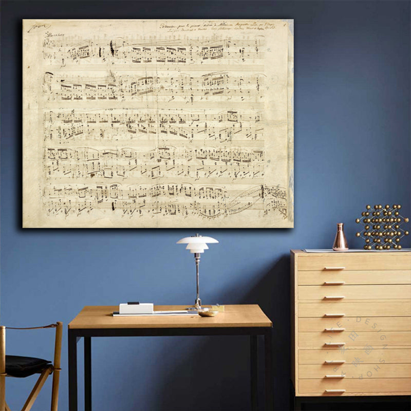 Minimalism Style Music Score Painting Canvas Textured Yellow Wall Print for Bathroom