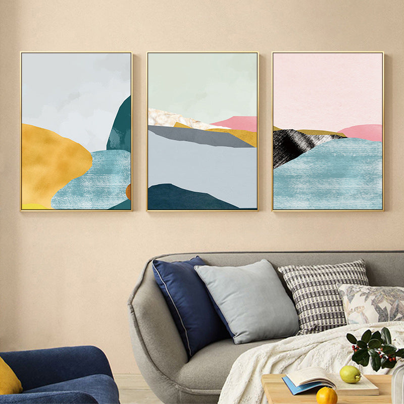 Pastel Nordic Style Wall Art Illustration Mountain River Scenery Canvas Print for Room