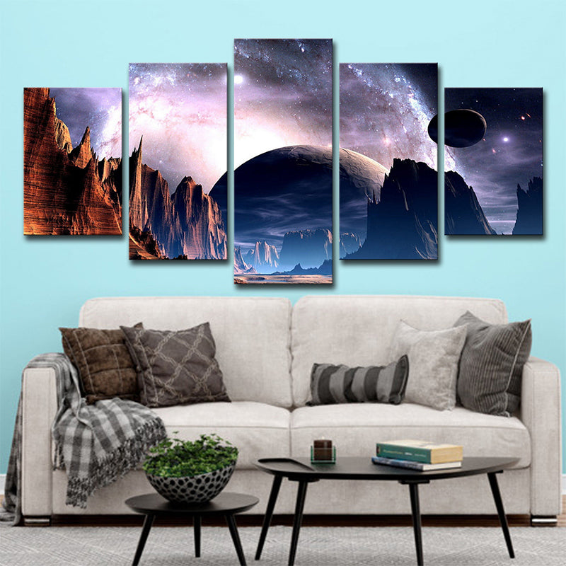 Planet and Mountain Landscape Canvas Purple Sci-Fi Wall Art for House Interior