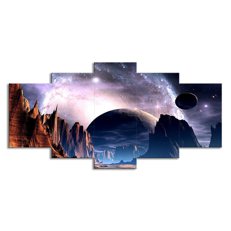 Planet and Mountain Landscape Canvas Purple Sci-Fi Wall Art for House Interior
