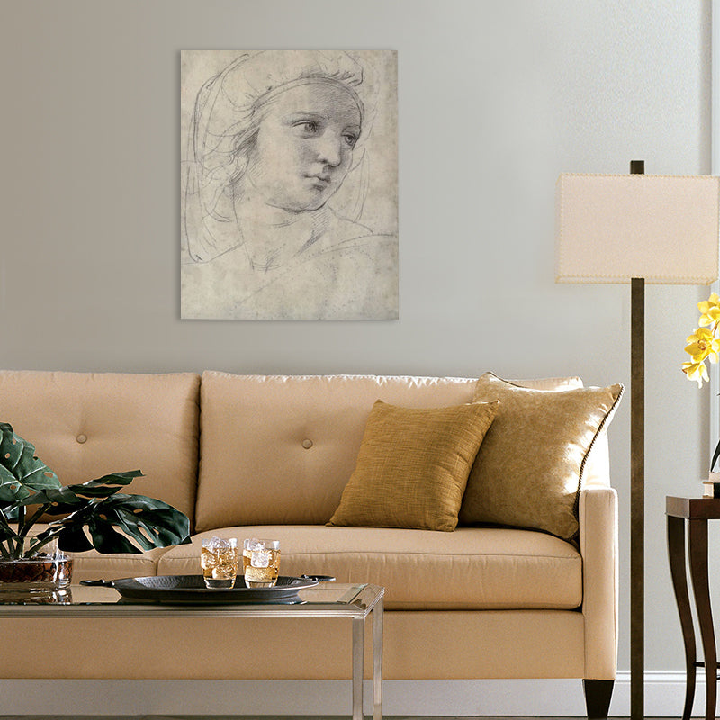 Pencil Portrait of Muse Canvas Print Minimalist Textured Wall Art for Dining Room