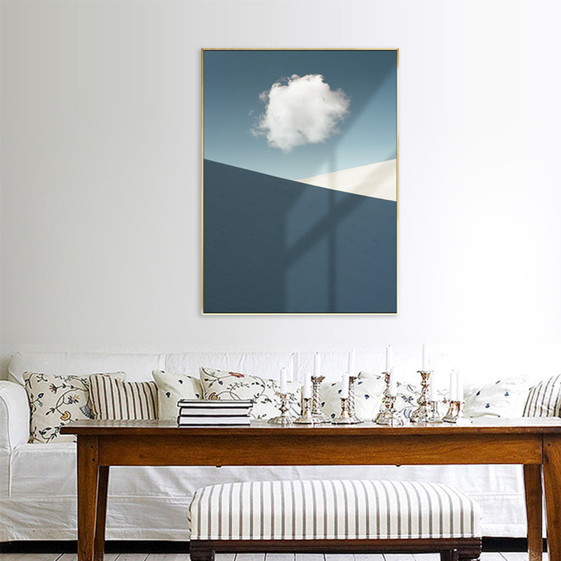 Mixed Media Nordic Wall Art Print with Cloud and Mountains Pattern in Blue-White