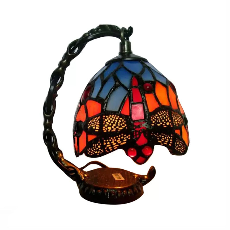 Accensione mini da tavolo rustica con braccio curvo e uva/fiore/libellula macchiata di vetro 1 leggero lampada da tavolo in bronzo per camera da letto