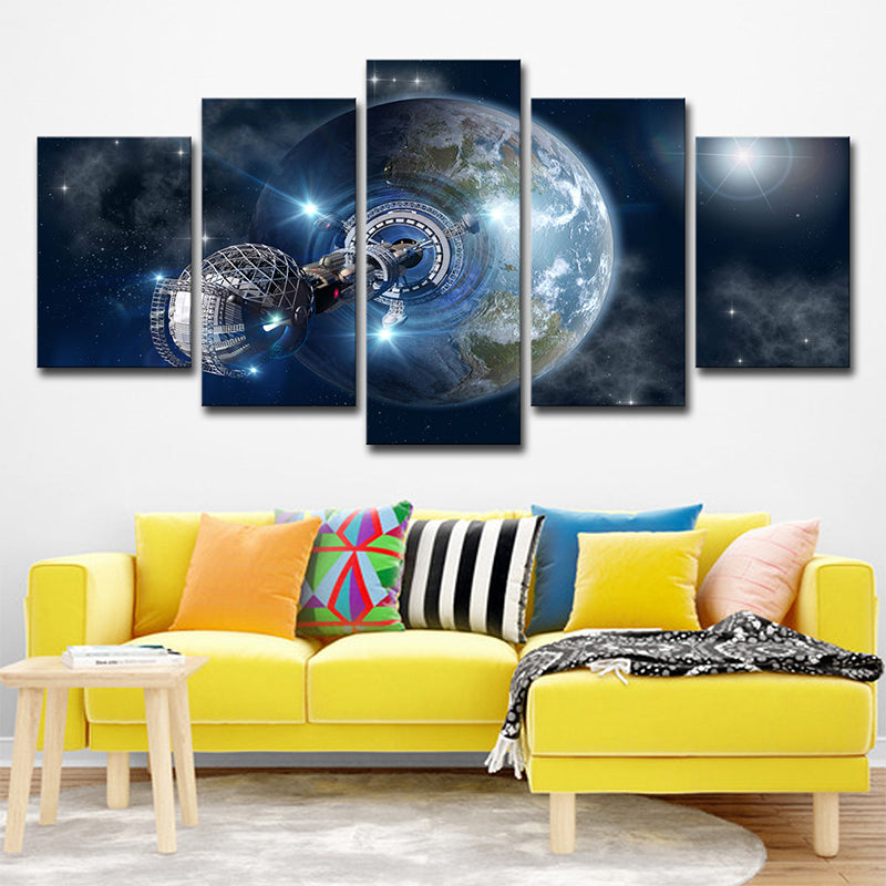 Fictional Earth Space Station Art Print Canvas Multi-Piece Dark Blue Wall Decor for Room