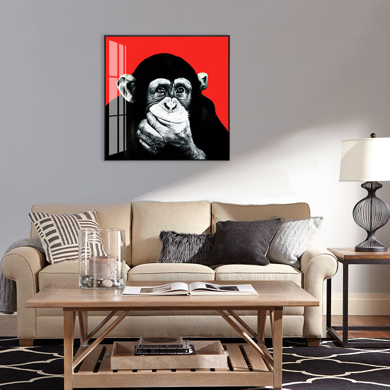 Light Color Chimpanzee Painting Kids Style Textured Wall Art Print for Living Room