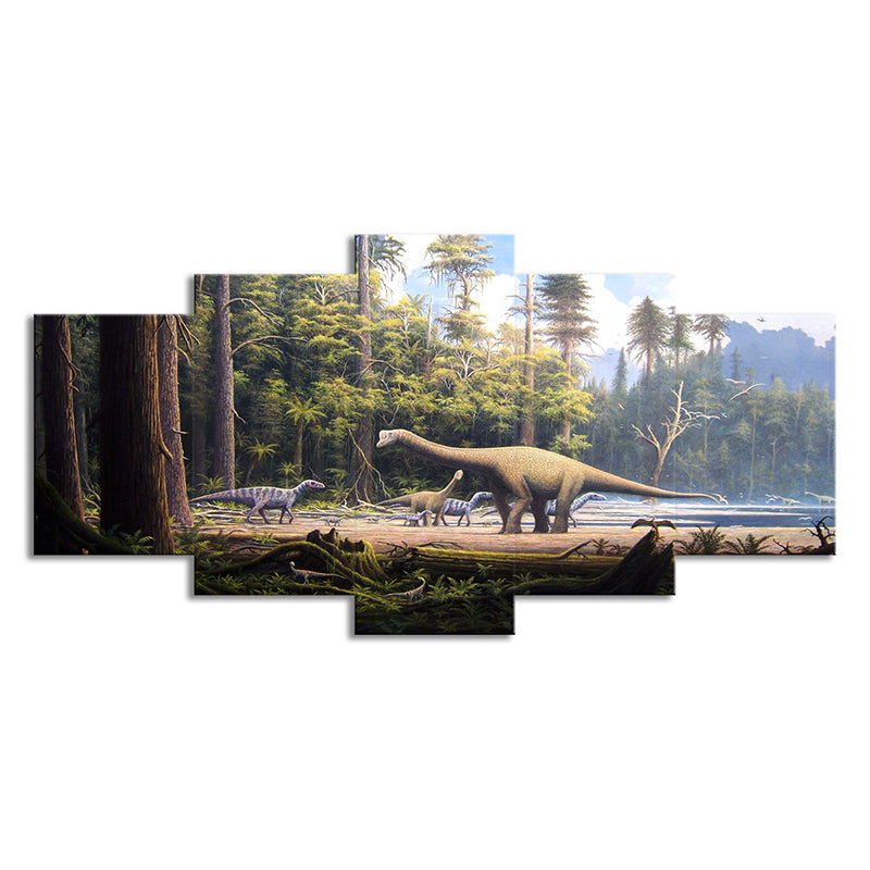 Dinosaur in Forest Canvas Art Fictional Realistic Fantasy Wall Decor in Brown-Green