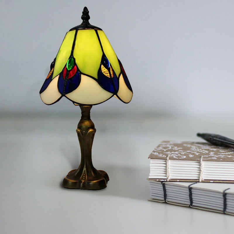 Stained Glass Cone Table Light with Metal Base and Gem/Grape/Peacock Tail Pattern 1 Light Tiffany Table Lighting for Bedside