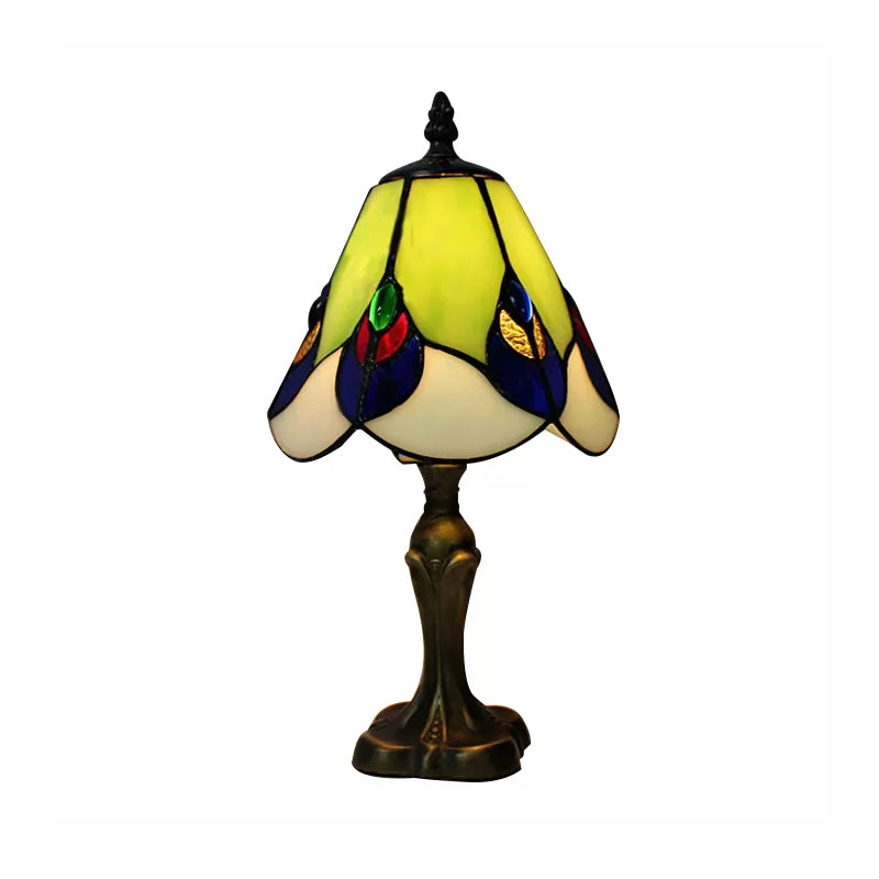 Stained Glass Cone Table Light with Metal Base and Gem/Grape/Peacock Tail Pattern 1 Light Tiffany Table Lighting for Bedside