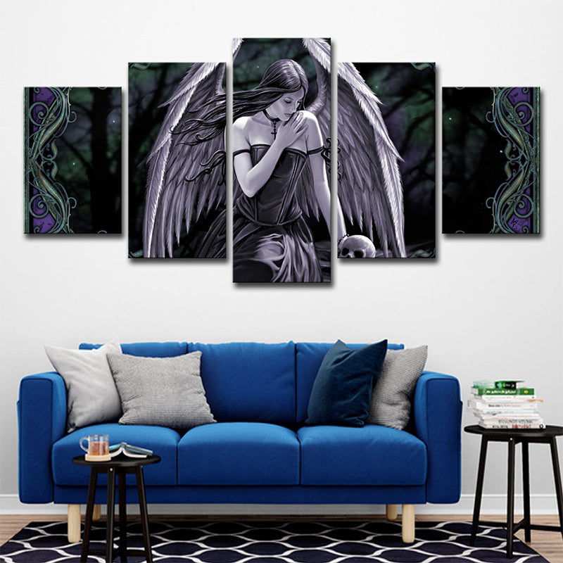 Digital Print Angel Wall Art Kids Style Multi-Piece Boys Bedroom Canvas in Purple-Green