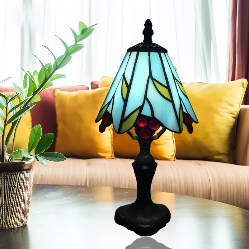 Stained Glass Cone Table Light with Metal Base and Gem/Grape/Peacock Tail Pattern 1 Light Tiffany Table Lighting for Bedside