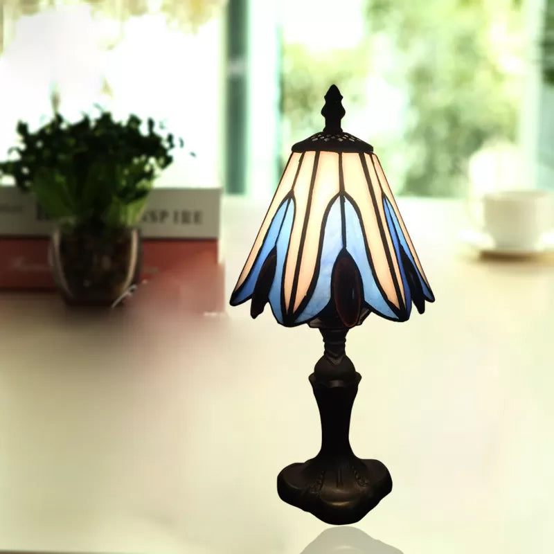 Stained Glass Cone Table Light with Metal Base and Gem/Grape/Peacock Tail Pattern 1 Light Tiffany Table Lighting for Bedside