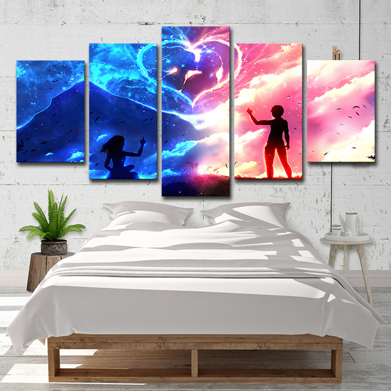 Romantic Heart-Shaped Cloud Wall Art for Living Room, Pink and Blue, Multi-Piece