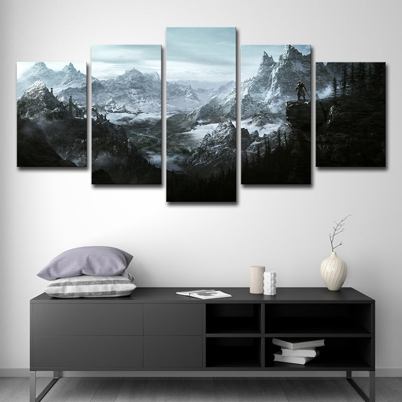 Elder Scrolls Mountains Wall Art Boys Bedroom Game Scene Print Canvas in Grey for Decor
