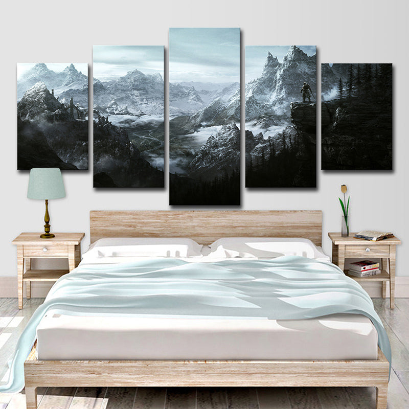 Elder Scrolls Mountains Wall Art Boys Bedroom Game Scene Print Canvas in Grey for Decor