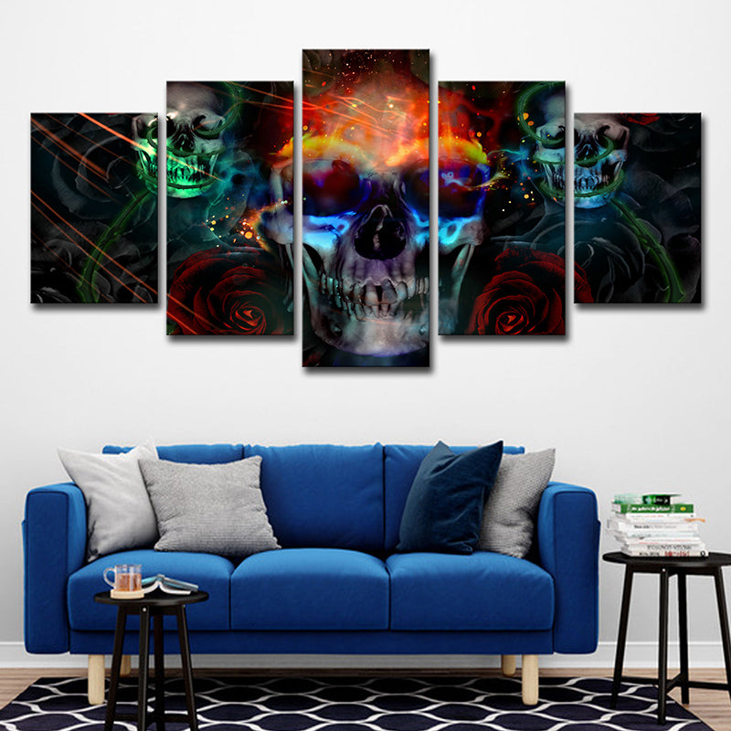 Multicolored Skull Skeleton Wall Art Multi-Piece Kids Style Bedroom Canvas Print on Black