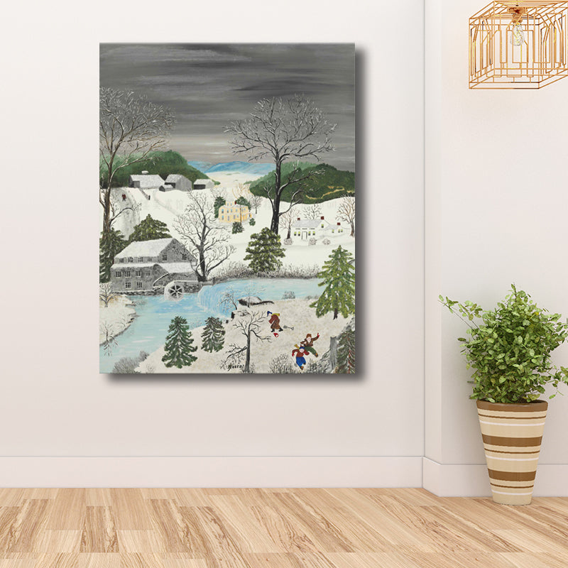 Kinder im Schnee malen weißes Vintage-Wandkunst-Dekor für Schlafzimmer (mehrere Größenoptionen)