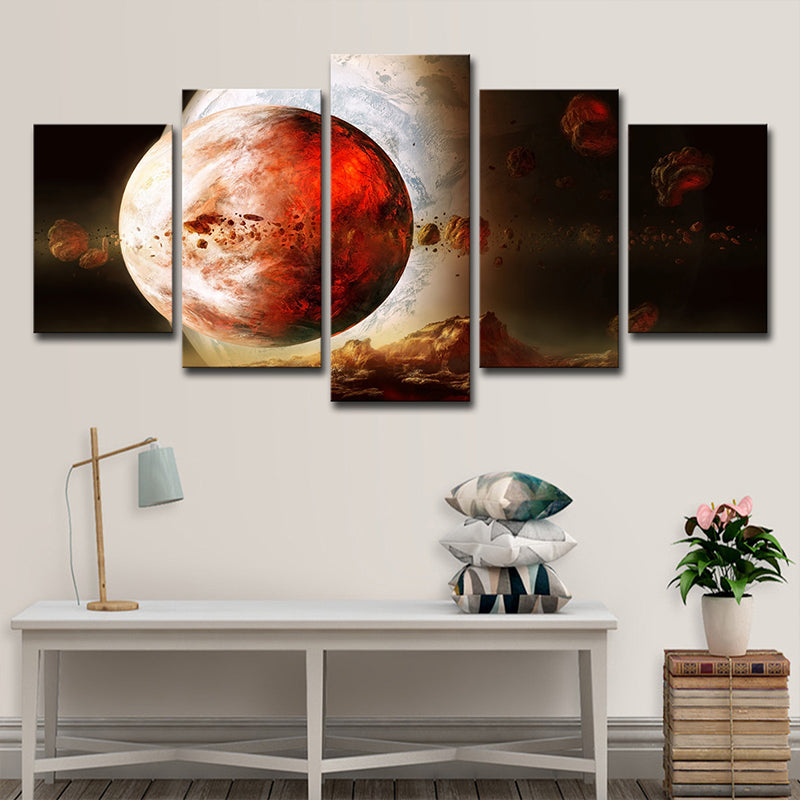 Sci-Fi Canvas Art in Red Digital Print Outer Space Planet Wall Decor for House Interior
