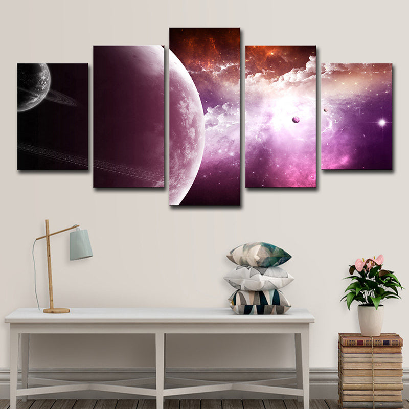 Nebula and Planet Wall Art Fictional Splendid Space Scenery Canvas Print in Purple