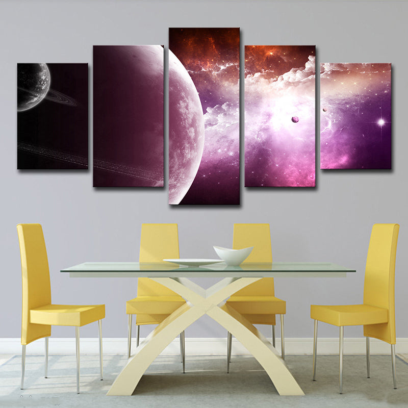 Nebula and Planet Wall Art Fictional Splendid Space Scenery Canvas Print in Purple
