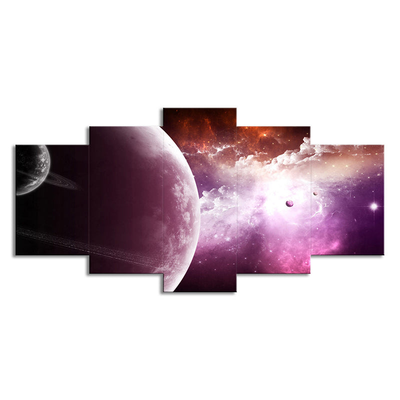 Nebula and Planet Wall Art Fictional Splendid Space Scenery Canvas Print in Purple