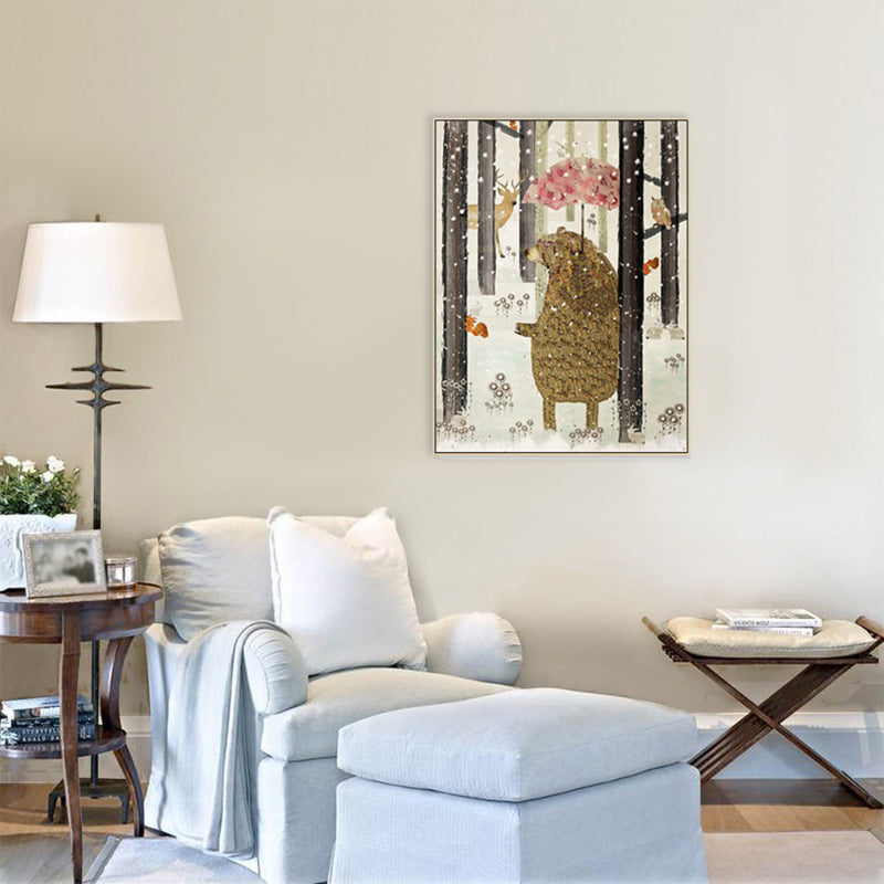 Fun Forest Bear Wall Art Kids Bedroom Animal Drawing Canvas Print in Pastel Color