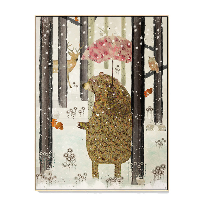 Fun Forest Bear Wall Art Kids Bedroom Animal Drawing Canvas Print in Pastel Color