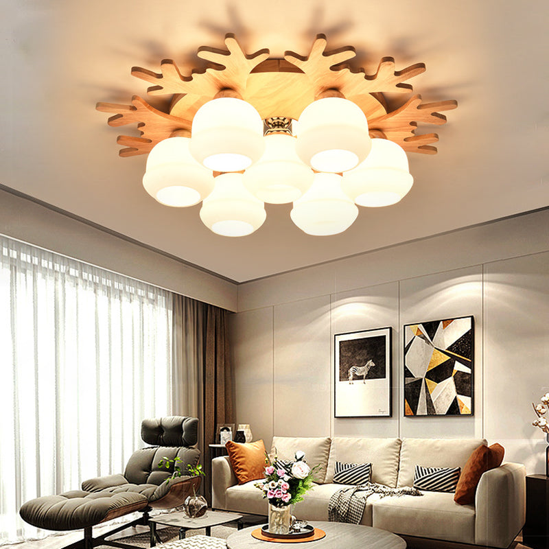 White Bud Shade Ceiling Mount Light with Beige Antlers Lovely Wooden Ceiling Lamp for Kid Bedroom