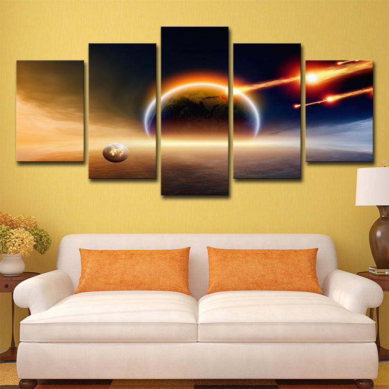 Orange Planet Killer Asteroid Canvas Wall Art Multi-Piece Wall Decor for Sitting Room