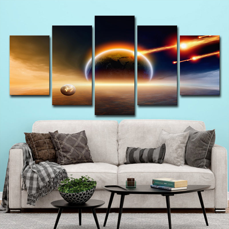 Orange Planet Killer Asteroid Canvas Wall Art Multi-Piece Wall Decor for Sitting Room