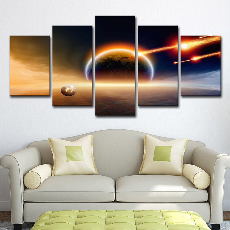 Orange Planet Killer Asteroid Canvas Wall Art Multi-Piece Wall Decor for Sitting Room