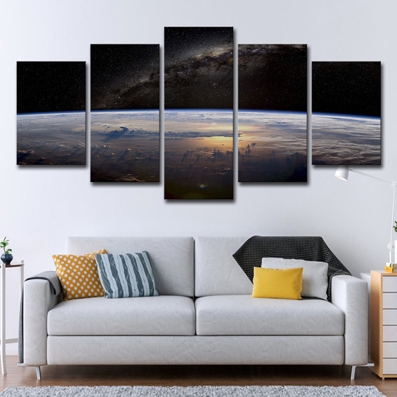 Sci-Fi Milky Way Canvas Print Black Aerial View of Planet Skyline Wall Art Decor