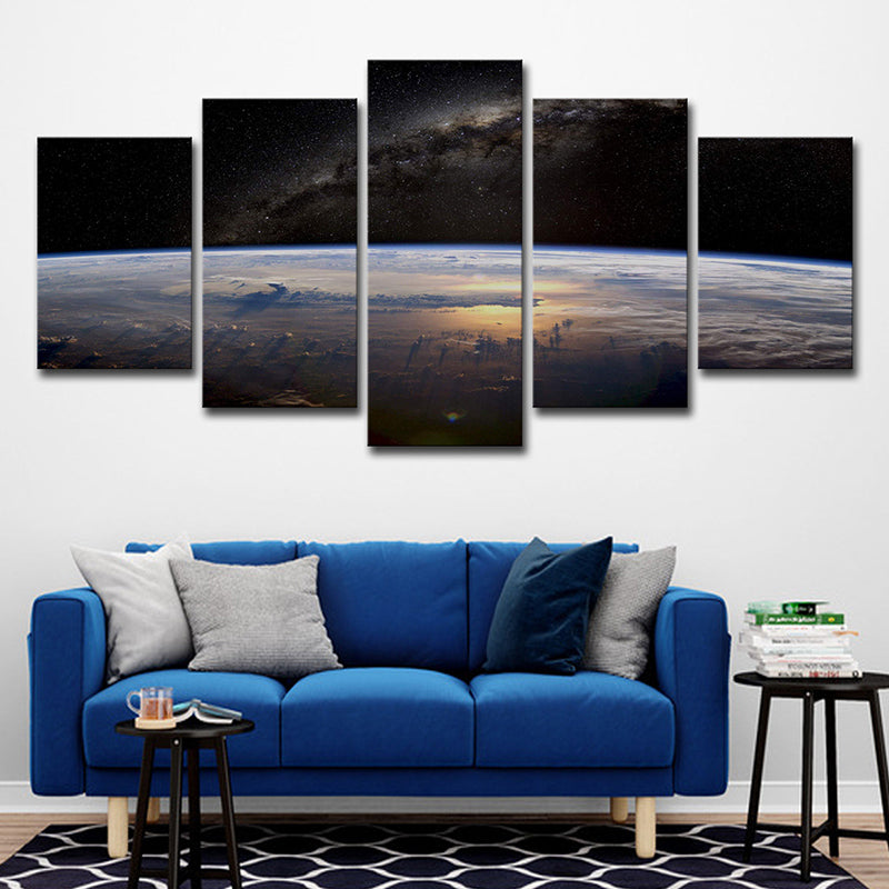 Sci-Fi Milky Way Canvas Print Black Aerial View of Planet Skyline Wall Art Decor