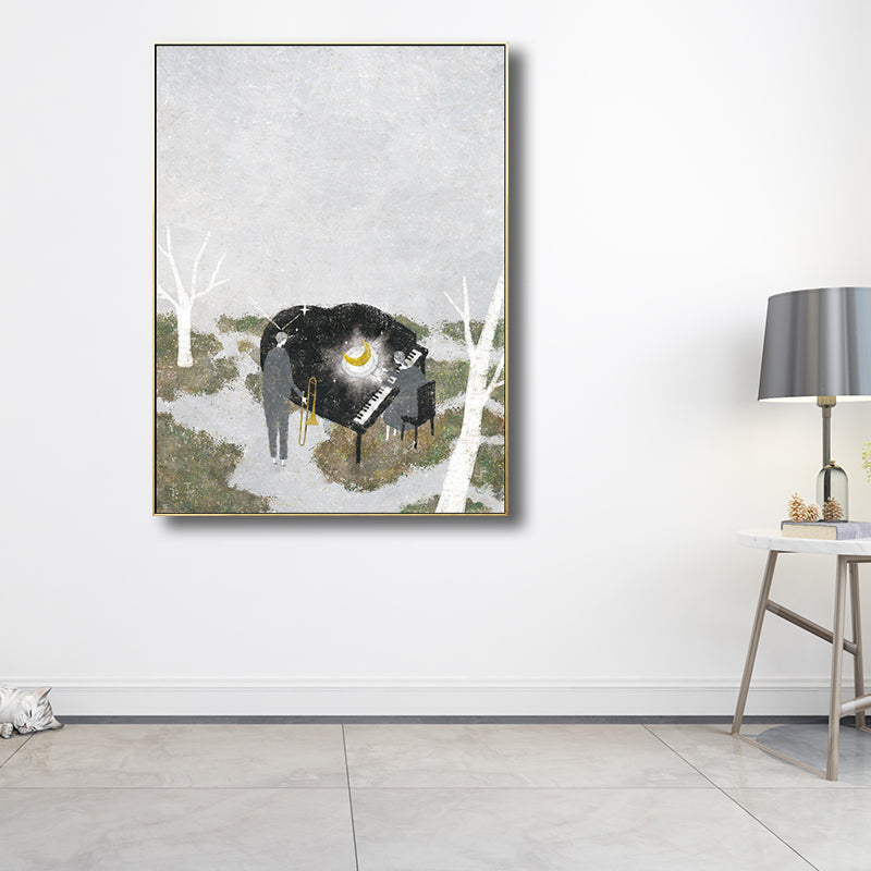 Piano Performance in Wilds Canvas Childrens Art Textured Wall Decoration in Grey