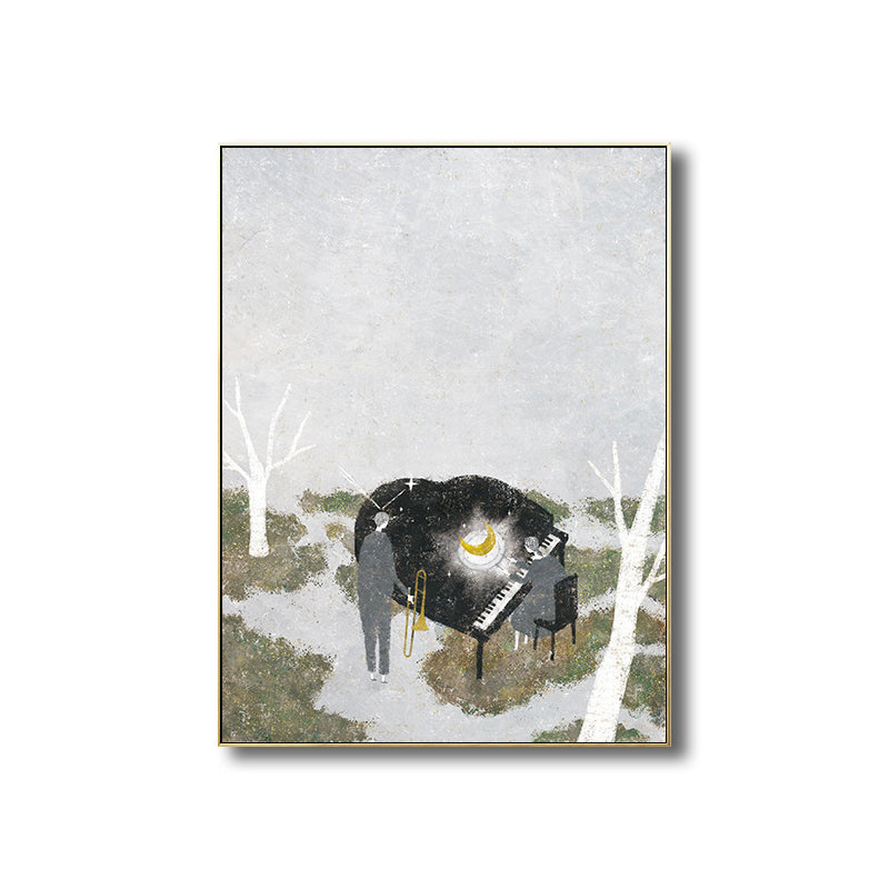 Piano Performance in Wilds Canvas Childrens Art Textured Wall Decoration in Grey