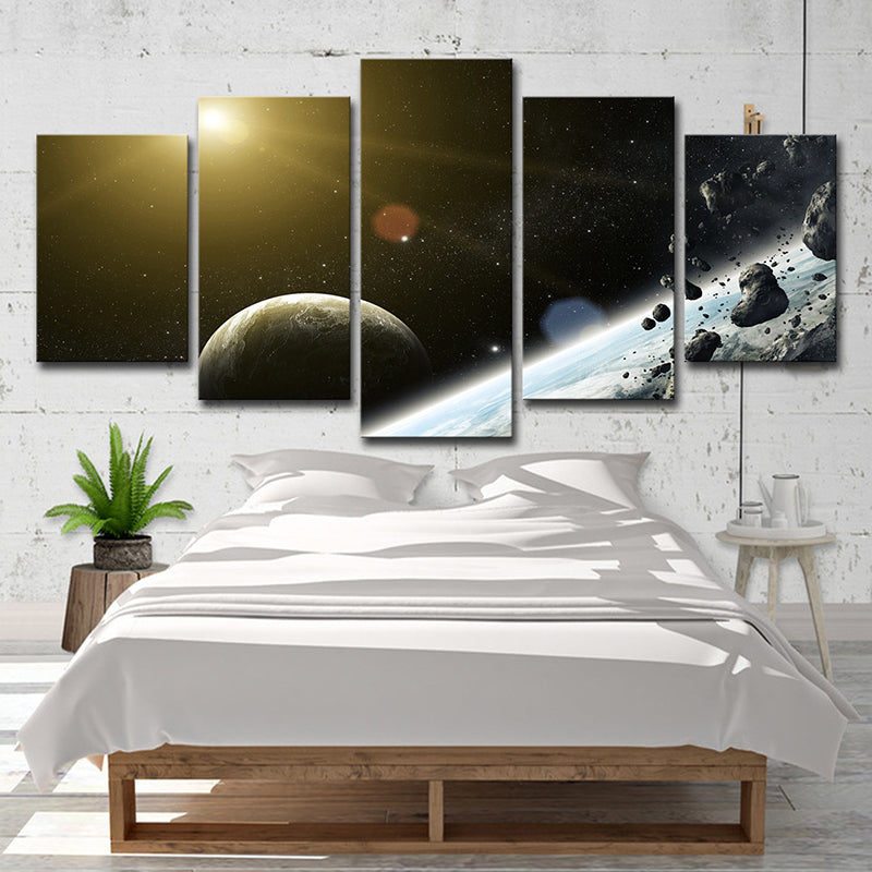 Black Sci-Fi Wall Art Sun Shines on Meteorite and the Earth Canvas Print for Home