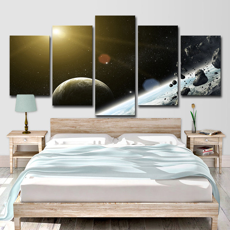 Black Sci-Fi Wall Art Sun Shines on Meteorite and the Earth Canvas Print for Home